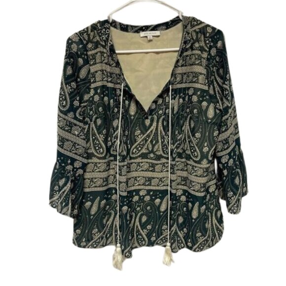 Skies are Blue Shirt Womens Small Green Cream Paisley Peasant Top Boho Bohemian - Picture 1 of 8